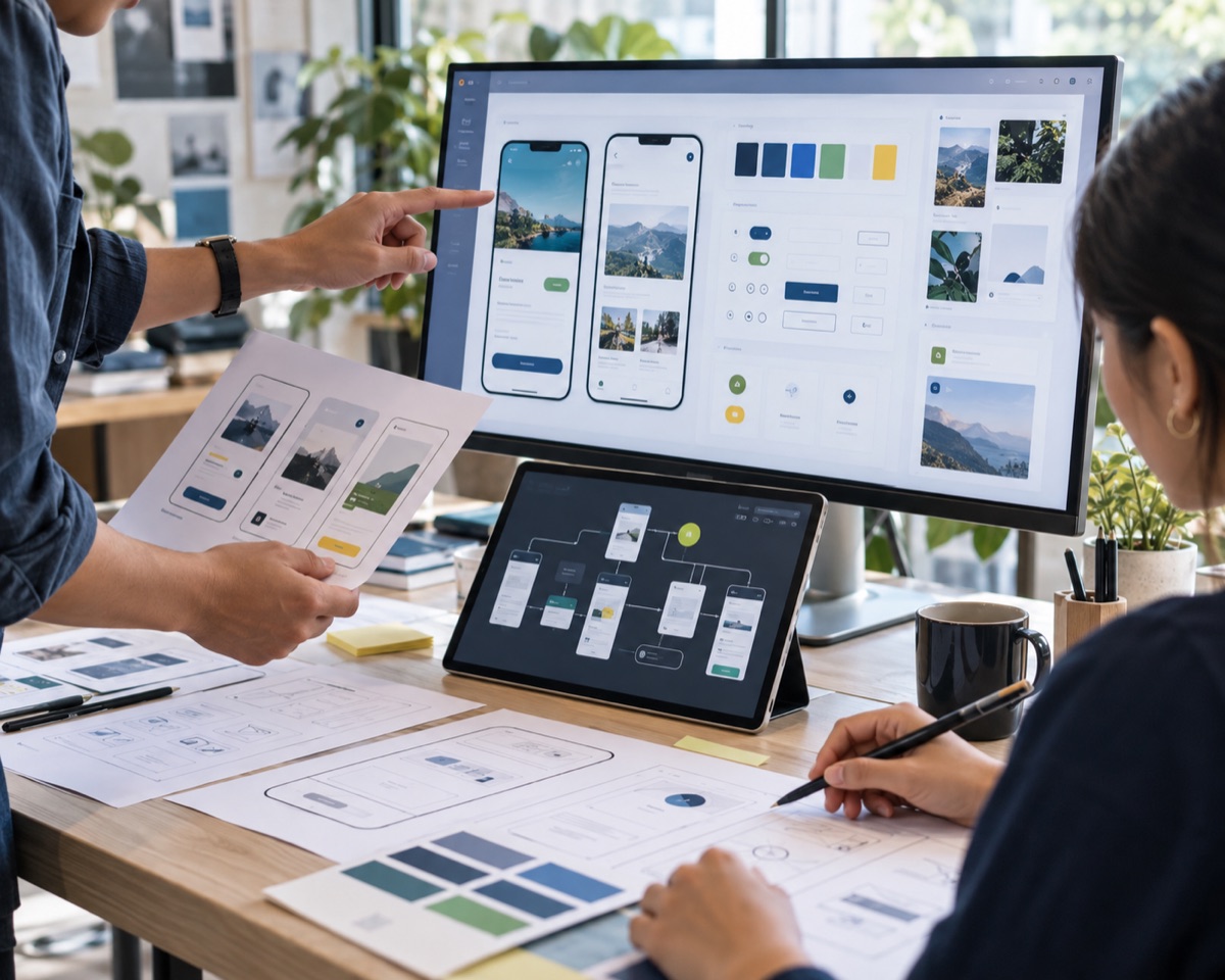 Designers reviewing mobile interfaces and a digital design system